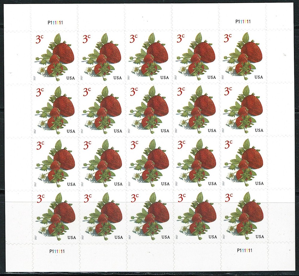 Mint US 2017 Strawberry Pane of 20 Three cent Stamps (MNH)