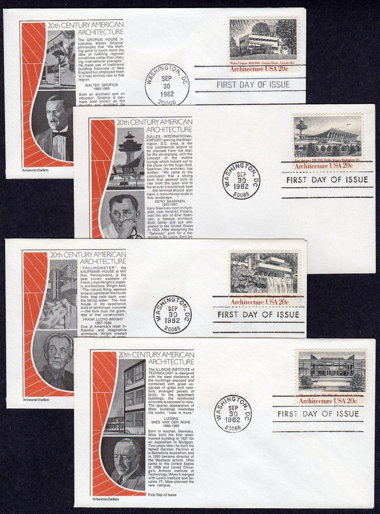 1982 Architecture Set (Scott 2019-2022) FOUR Different Aristocrat FDCs OD221