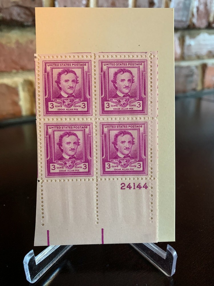 1948 #986 Edgar Allan Poe 3 Cent Stamp U.S. Postage – Plate Block of 4