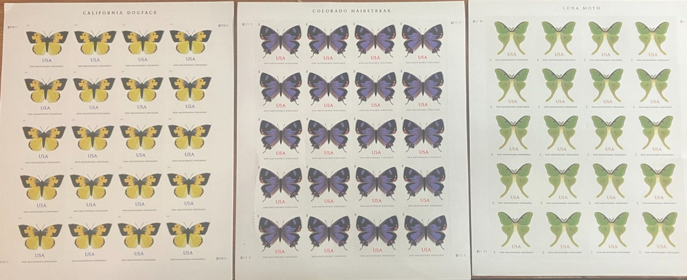 5 SHEETS PURPLE, YELLOW OR GREEN – NON-MACHINABLE STAMPS – 100 TOTAL