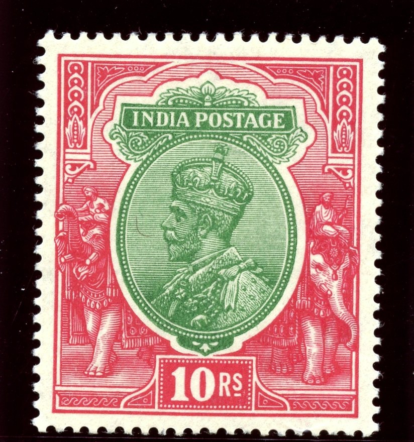 India 1927 KGV 10r green & scarlet (wmk upright) MLH. SG 217. Sc 123.