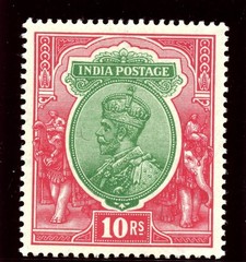 India 1927 KGV 10r green & scarlet (wmk upright) MLH. SG 217. Sc 123.