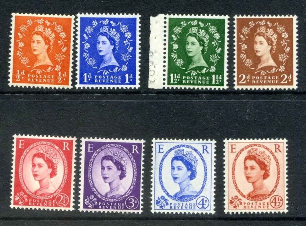 1958 QE2 GREAT BRITAIN GRAPHITE LINED WILDINGS UPRIGHT WMK SET OF 8 FINE U/Mint