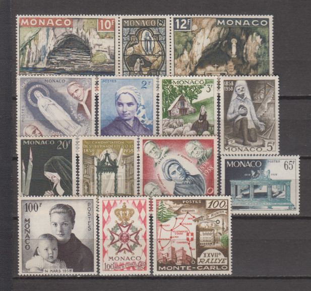 MONACO 1958 YEAR SET (14 STAMPS – NO AIR MAIL) MINT NEVER HINGED MNH