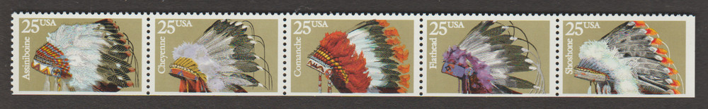 1990 US 2501-2505 ATTACHED STRIP OF 5 INDIAN HEADDRESSES MNH