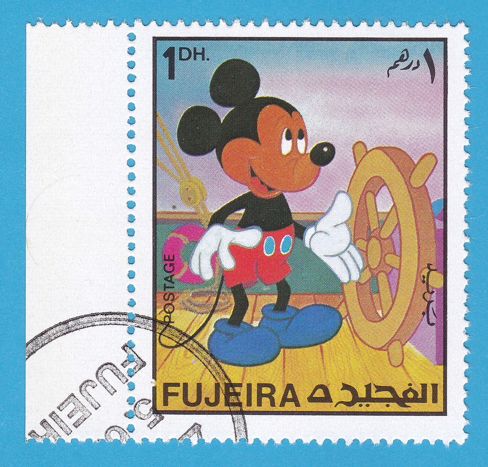 MICKEY MOUSE STAMP 1972 FUJEIRA DISNEY STEAMBOAT WILLIE CTO w/TAG ORIGINAL GUM