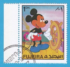 MICKEY MOUSE STAMP 1972 FUJEIRA DISNEY STEAMBOAT WILLIE CTO w/TAG ORIGINAL GUM