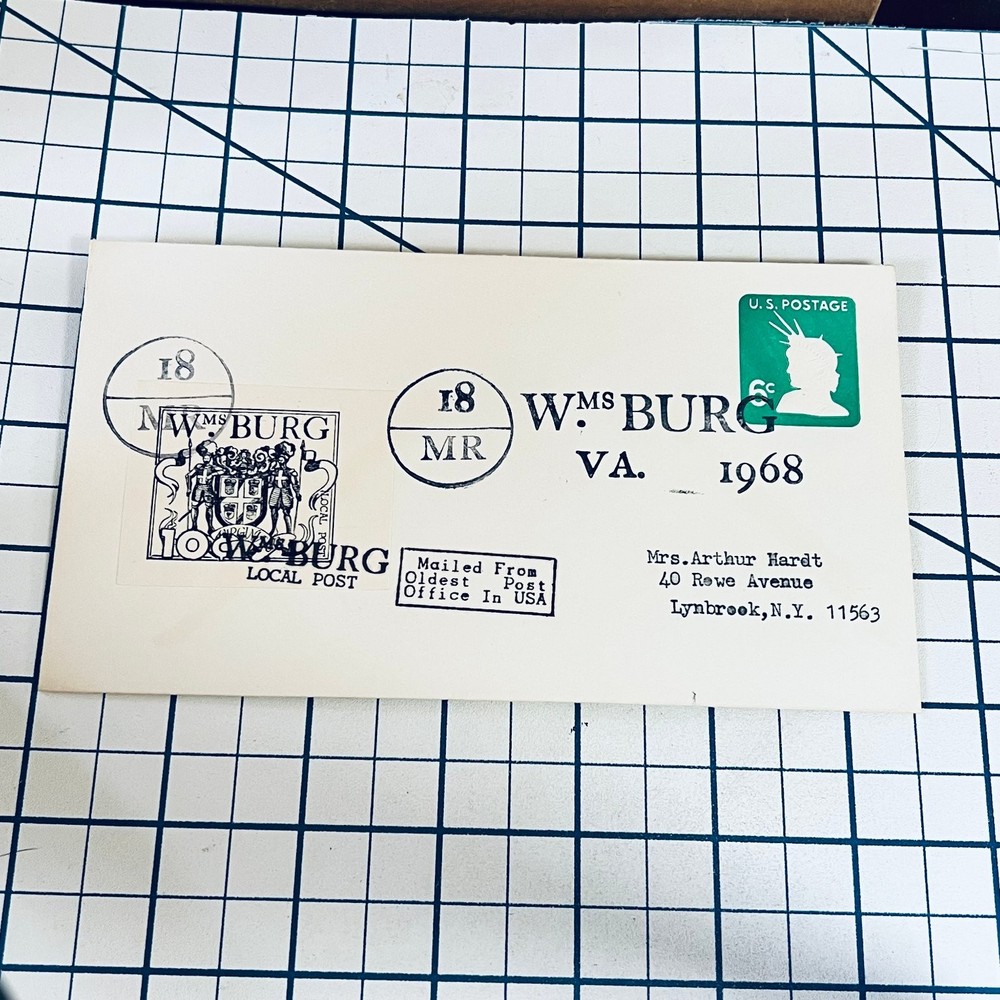 Williamsburg VA Local Post 1968 Cover Oldest USPS Post Office Vintage FDC