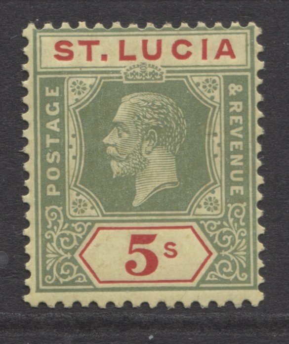 ST. LUCIA – 1921/30 WMK. SCRIPT 5/- GREEN & RED/YELLOW UM(MNH) SG.105 (REF.A4A)