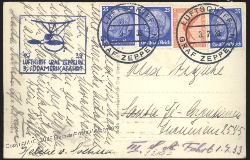 Germany 1933 Graf Zeppelin Si219 Mi315 Suedamerika 3.SAF Passenger Bordpo 107031