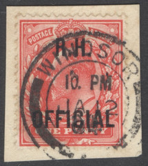 SG O92 1d scarlet R.H. official. Used on small piece cancelled with an upright..