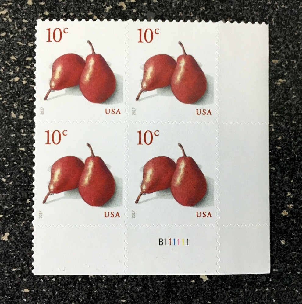 2017US #5178 10c Pears – Plate Block of 4 Mint NH self adhesive fruit