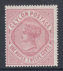 Ceylon SG 201b MLH. 1887 1r12c dull rose QV, wmk upright, crackly OG, fresh.