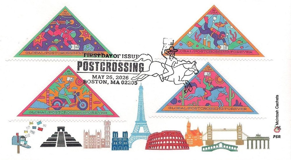 Postcrossing FDC, pictorial cancel- McIntosh Cachets- all 4 stamps