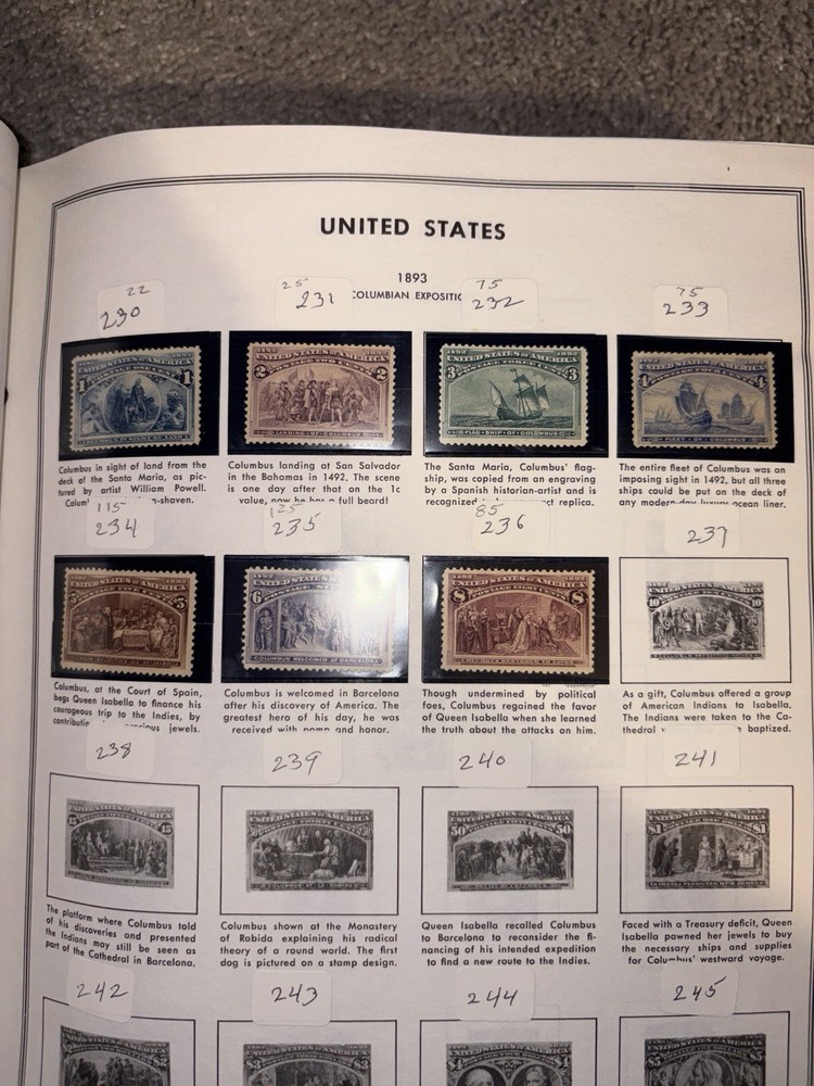 US 1893 Columbian Exposition Stamps on Album Page 1c-8c Multi-Color UNUSED