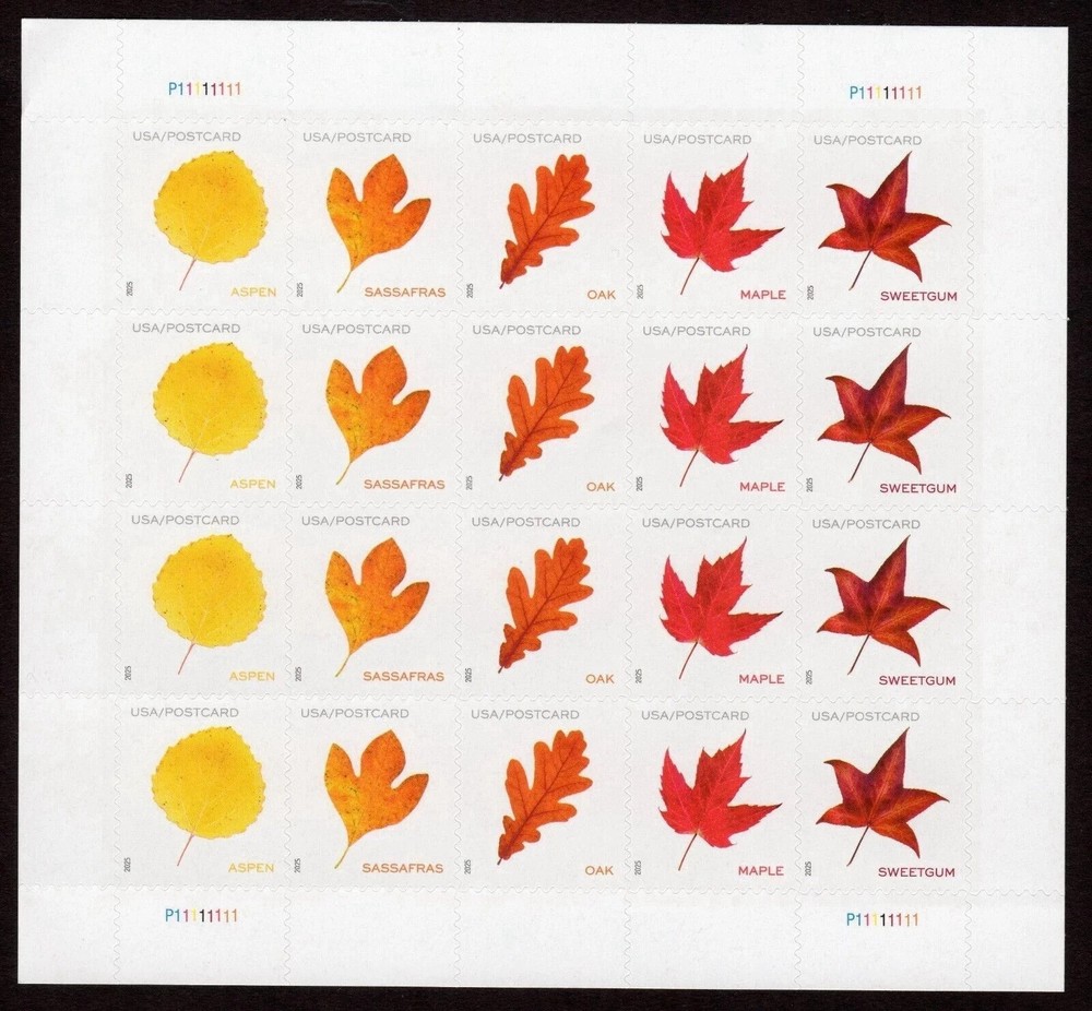 2025 USPS SHEET OF 100 POSTCARD STAMPS VIBRANT LEAVES 61¢