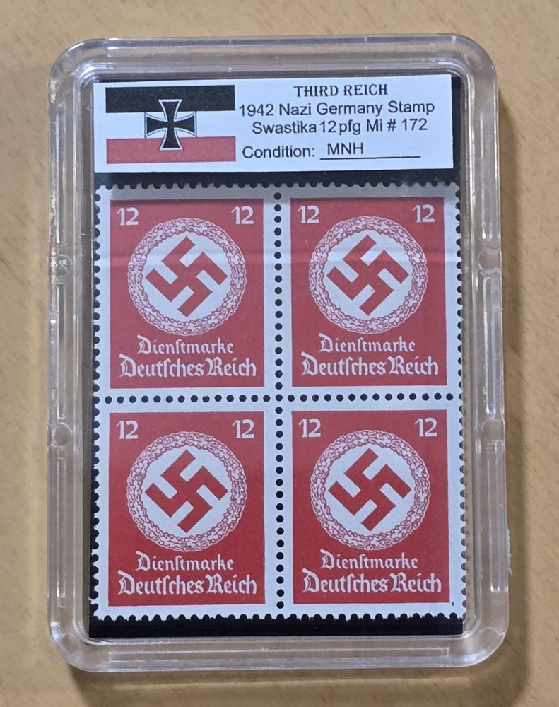 Third Reich WWII Nazi German NSDAP Swastika Stamp Block NSDAP MNH w Slab Case