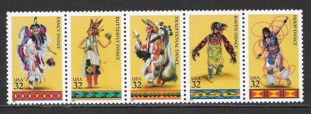 U.S. SCOTT 3076a MNH STRIP/5 – 1996 32c MULTI-COLOR – NATIVE AMERICAN DANCES