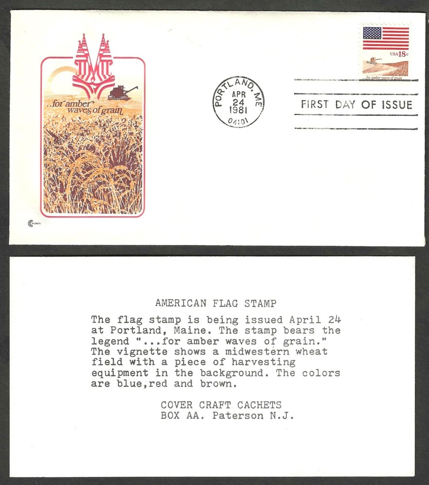 1890 Cover Craft Cachets FDC – American Flag Stamp, “For Amber Waves of Grain”