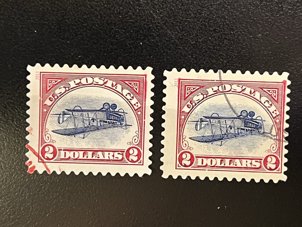 2- Off Paper. Used. # 4806a – Inverted Jenny Bi-Plane $2 Stamp. Off Center.