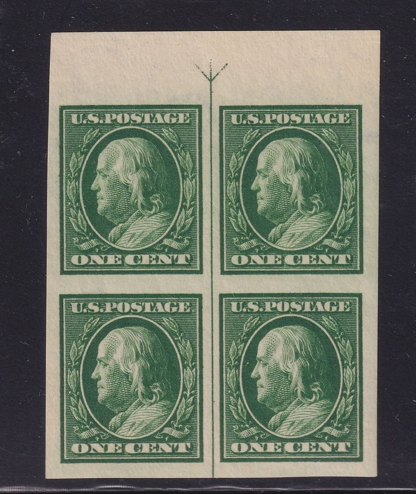1910 Franklin Sc 383 1c imperf MNH full original gum, top arrow block of 4 (R5
