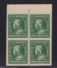 1910 Franklin Sc 383 1c imperf MNH full original gum, top arrow block of 4 (R5