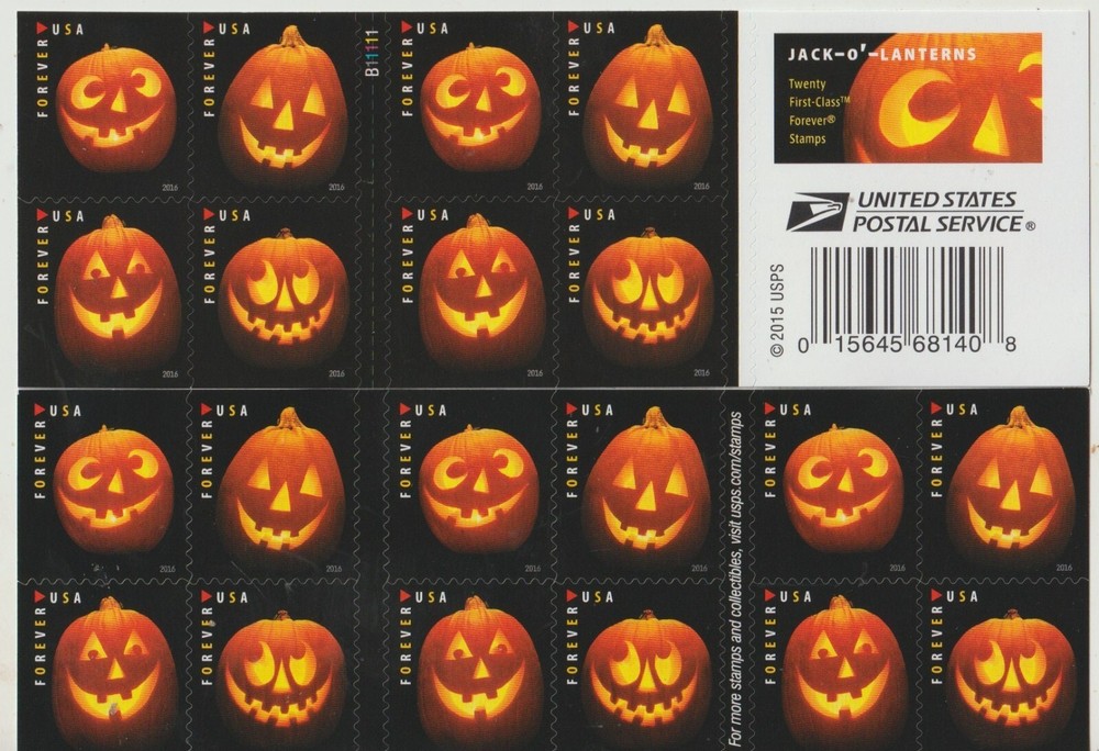 2016 USPS booklet of 20 1st CLASS ounce HALLOWEEN JACK-O-LANTERN LETTER STAMPS