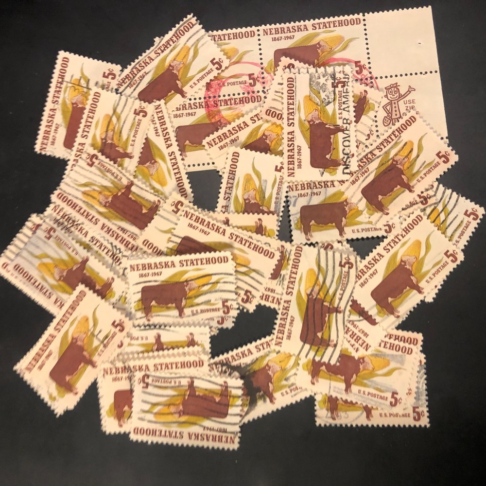 Postage Stamps For Crafting: 1966 5c Nebraska (Cow/Corn); Multi-Color; 50 Pieces