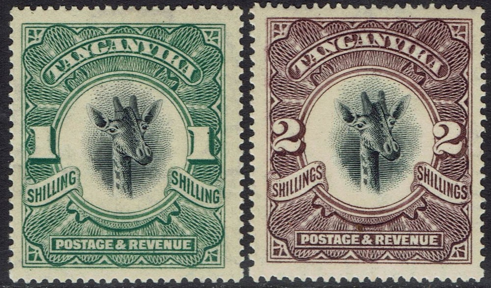 TANGANYIKA 1922 GIRAFFE 1/- AND 2/- WMK UPRIGHT