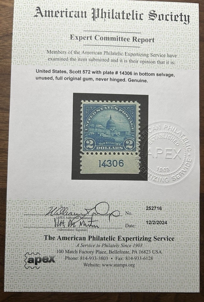 Us scott 572 with plate in bottom selvage MNH original gum APEX certified