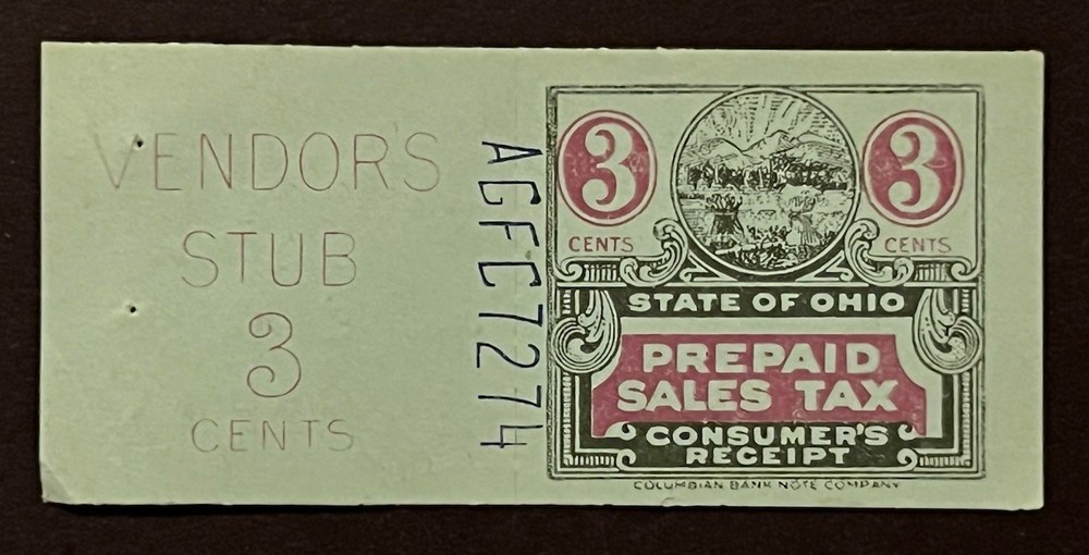 Travelstamps: US State of Ohio 3 Cent Vendor’s Prepaid Sales Tax Stub Mint