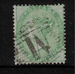 Malta 1856 QV SG72 GB Used Abroad Z22 “M” 1/- green Wmk Emblems