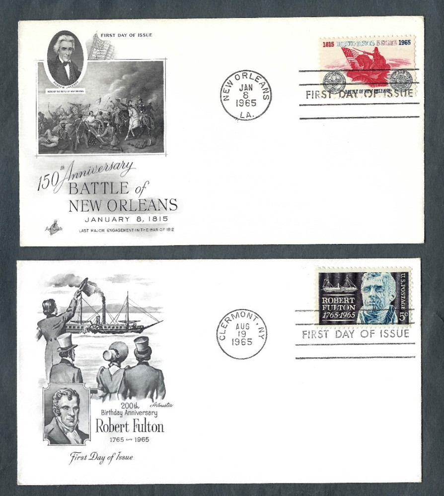 Set of 2 US FDC 1965 5c Sc #1261 & 1270 New Orleans and Robert Fulton Art Craft
