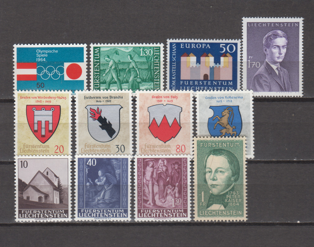 LIECHTENSTEIN 1964 COMPLETE YEAR SET MINT NEVER HINGED MNH 12 STAMPS SEE PICTURE