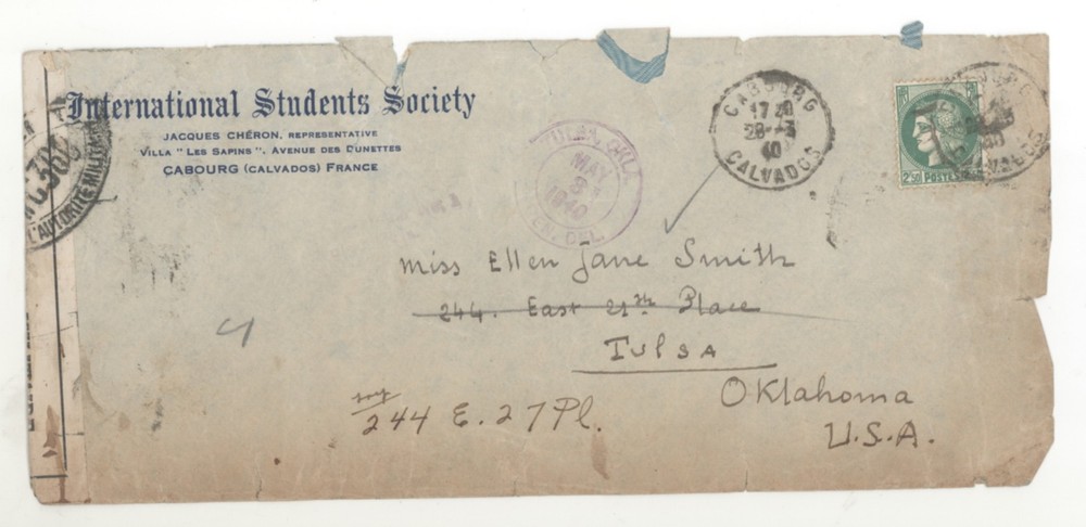 1949 Cabourg France Calvados -Tulsa International Students Society Censor Cover