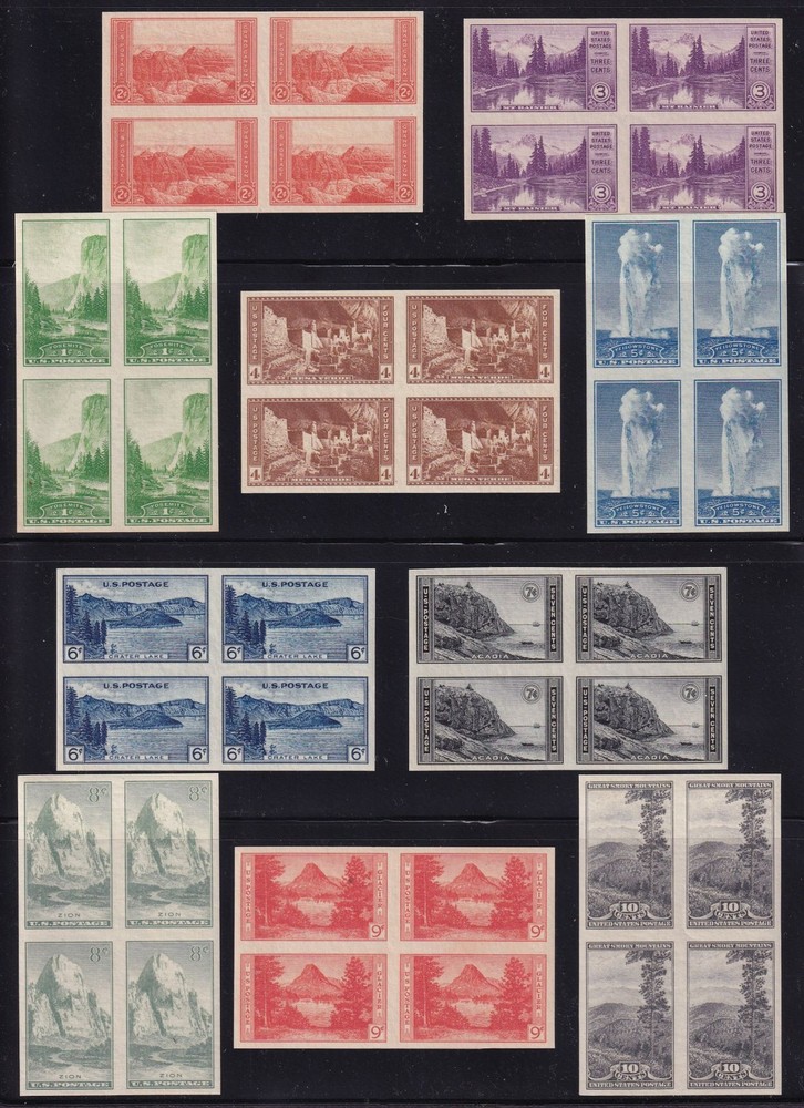1934 Imperf Farley National Parks Sc 756-765 MNH full original gum blocks (WB