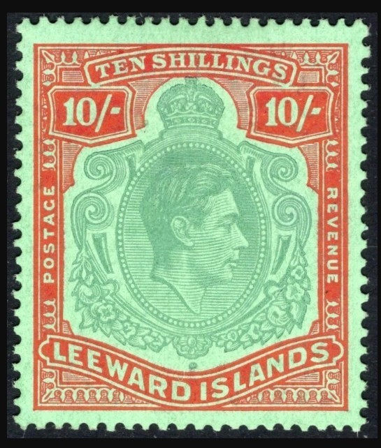 LEEWARD IS. SG113c 1938 KGVI 10/- Dp Green & Dp Vermilion /Green M.Mint c.£100