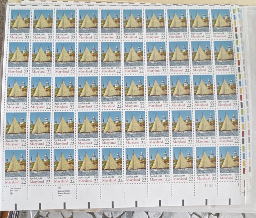 Maryland 1987 22 Cent US Stamp Sheet Mint Never Hinged Historical Events