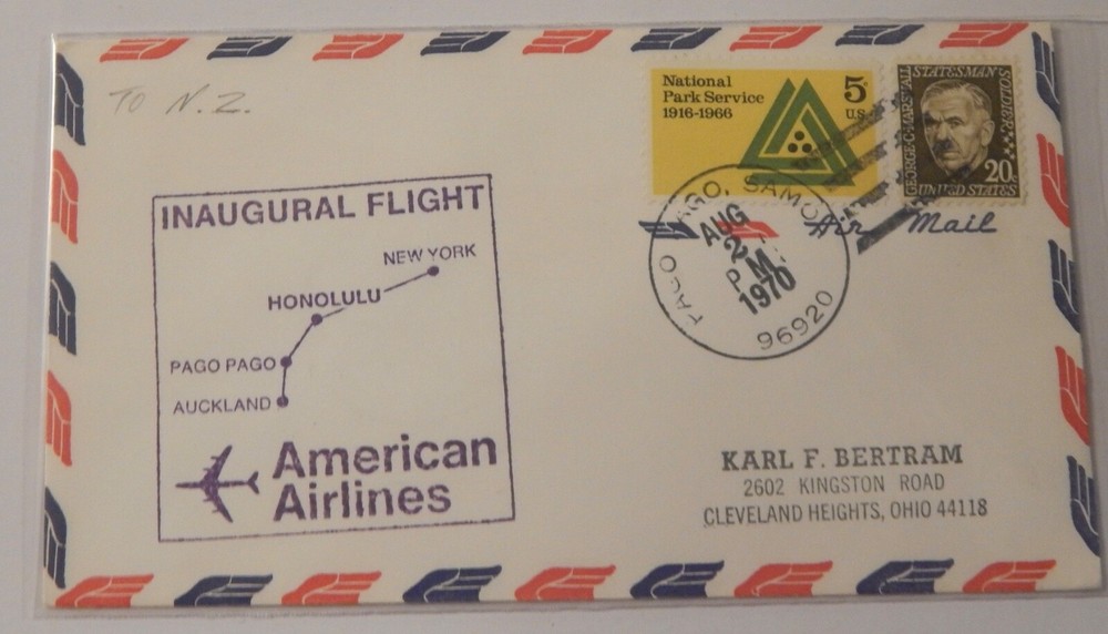 Pago Pago Samoa to Auckland New Zealand August 2 1970 first flight airmail