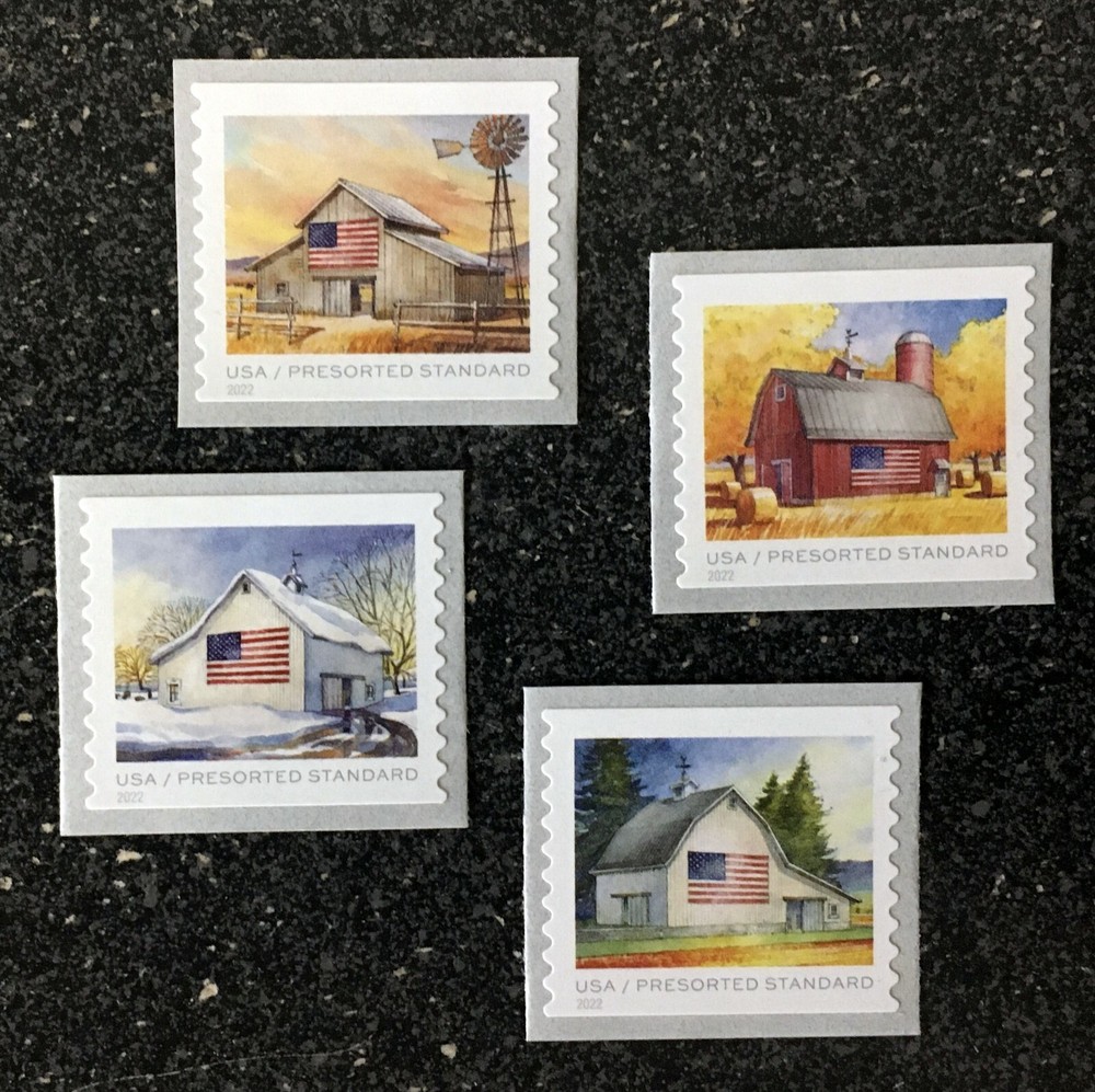 2022USA #5684-5687 10c Flags on Barns – Presorted Standard – Set 4 Coil Singles