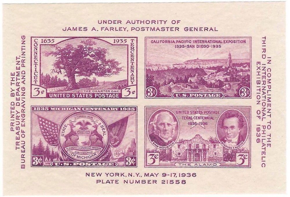 1936 US Stamp Scott #778, Block Of 4, 3 Cent Farley, Philatelic Expo, Imperf