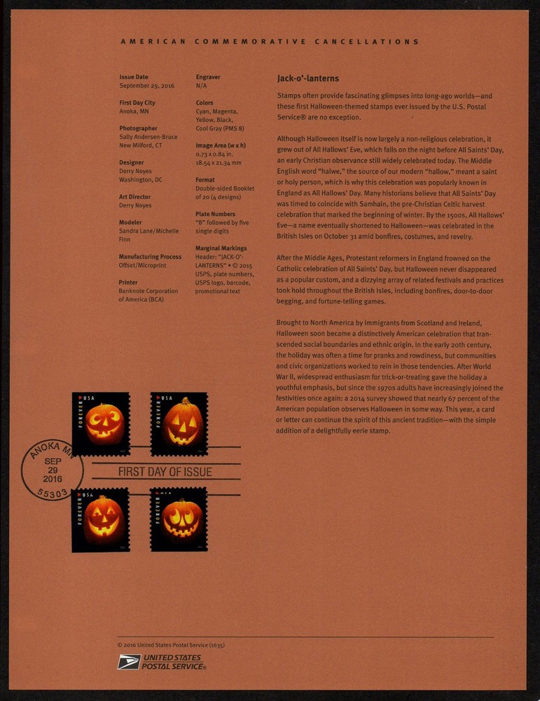 USA, SCOTT # 5137-5140, SOUVENIR PAGE – JACK’O’LANTERNS HALLOWEEN PUMPKINS 2016