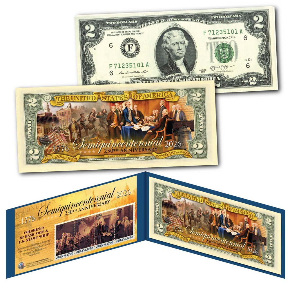 2026 Semiquincentennial USA 250th Anniversary July 4 DOI $2 Bill ’76 Stamp Strip