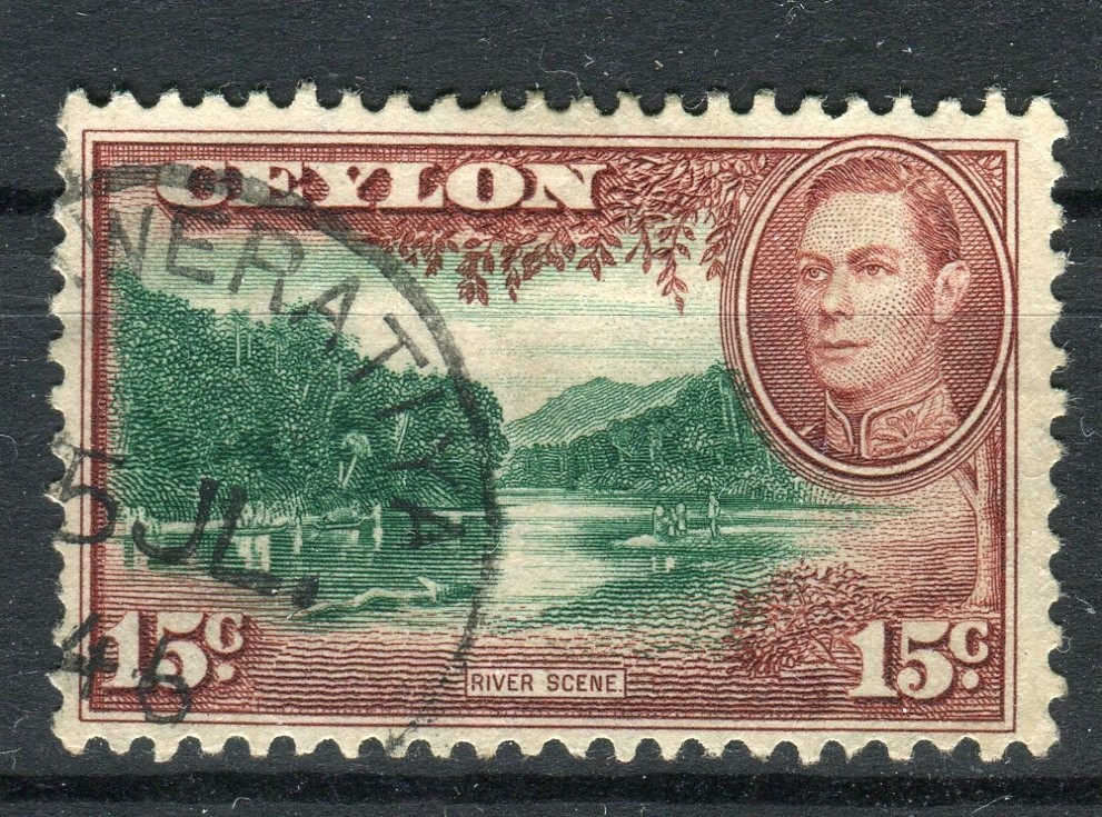 Ceylon SG390a 1938-50 KGVI 15c green & red-brown (wmk upright) used