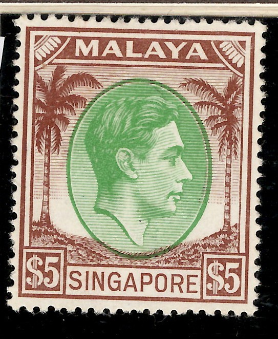 Singapore 1948 sg 30 $5 green & brown fine MM cat £225