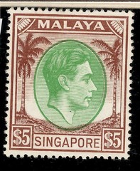 Singapore 1948 sg 30 $5 green & brown fine MM cat £225
