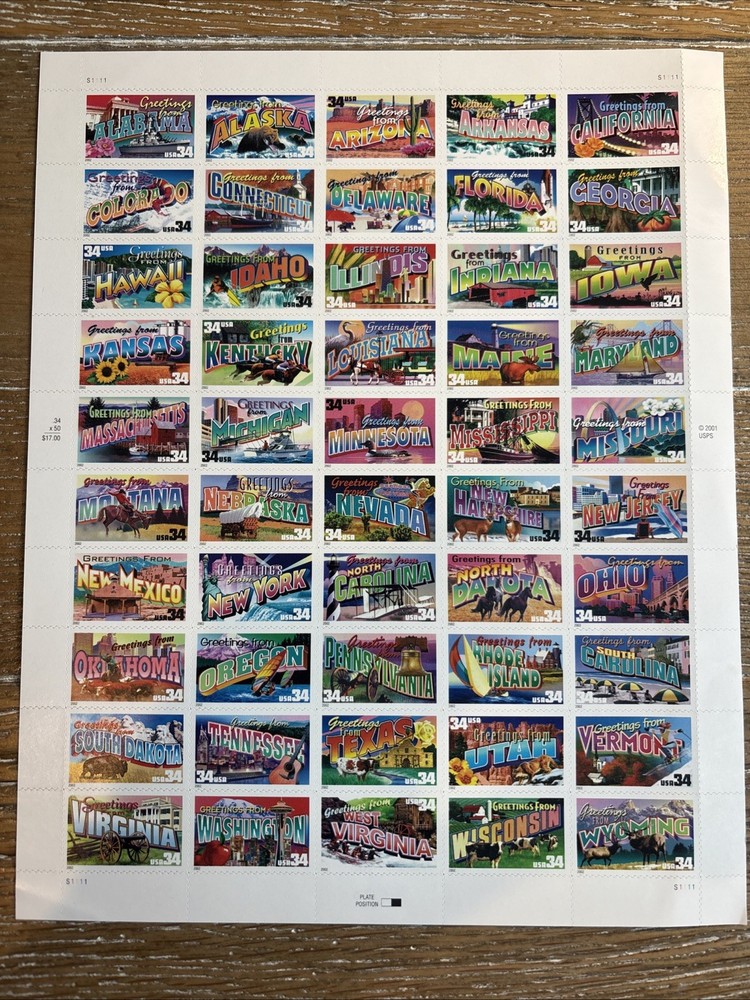 Greetings From All 50 states Sheet of US Postage Stamps 50 X 34 Cents Mint