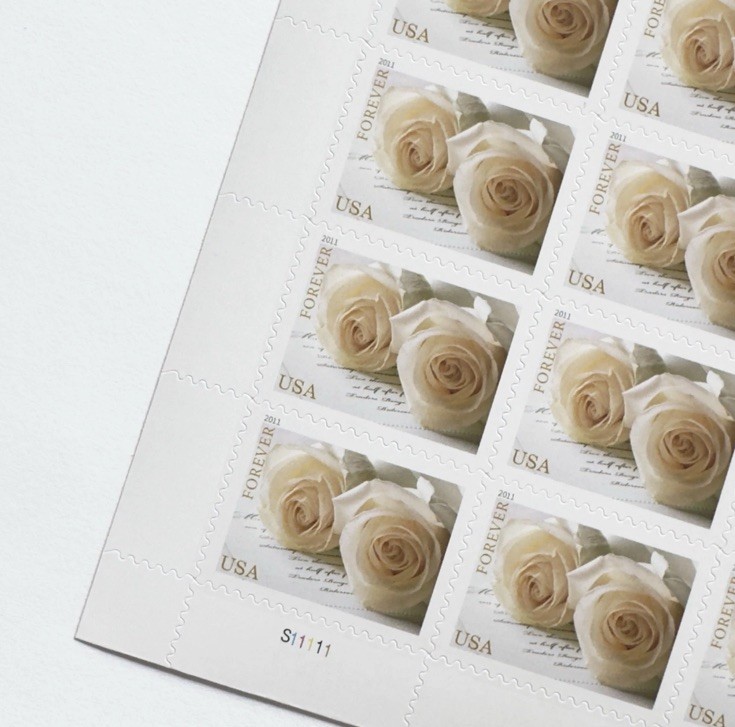 2011 USPS Forever Stamps WEDDING WHITE ROSES 5 Sheets of 20/sheet total 100
