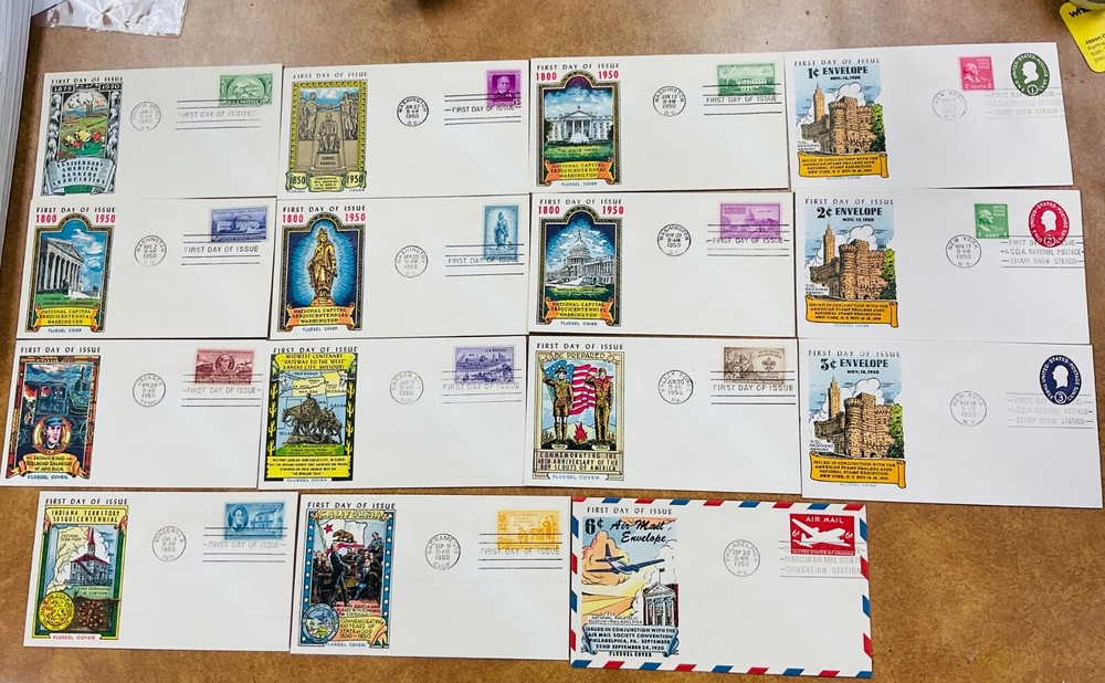 1950 YEAR SET 15 Fluegel FDCs Multi-color cachets. 987-997 , U532-4, UC18.