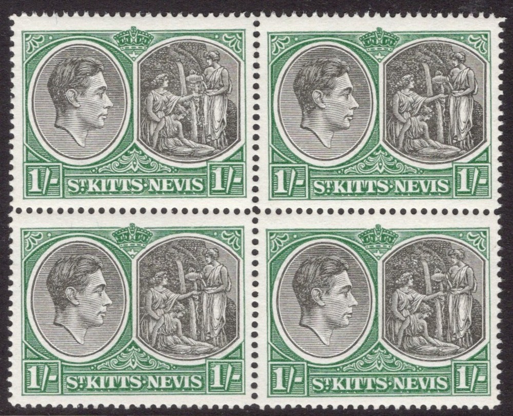 St Kitts-Nevis 1938-50 1/- Black & green Perf 14 in a block of four SG 75b Mnh.